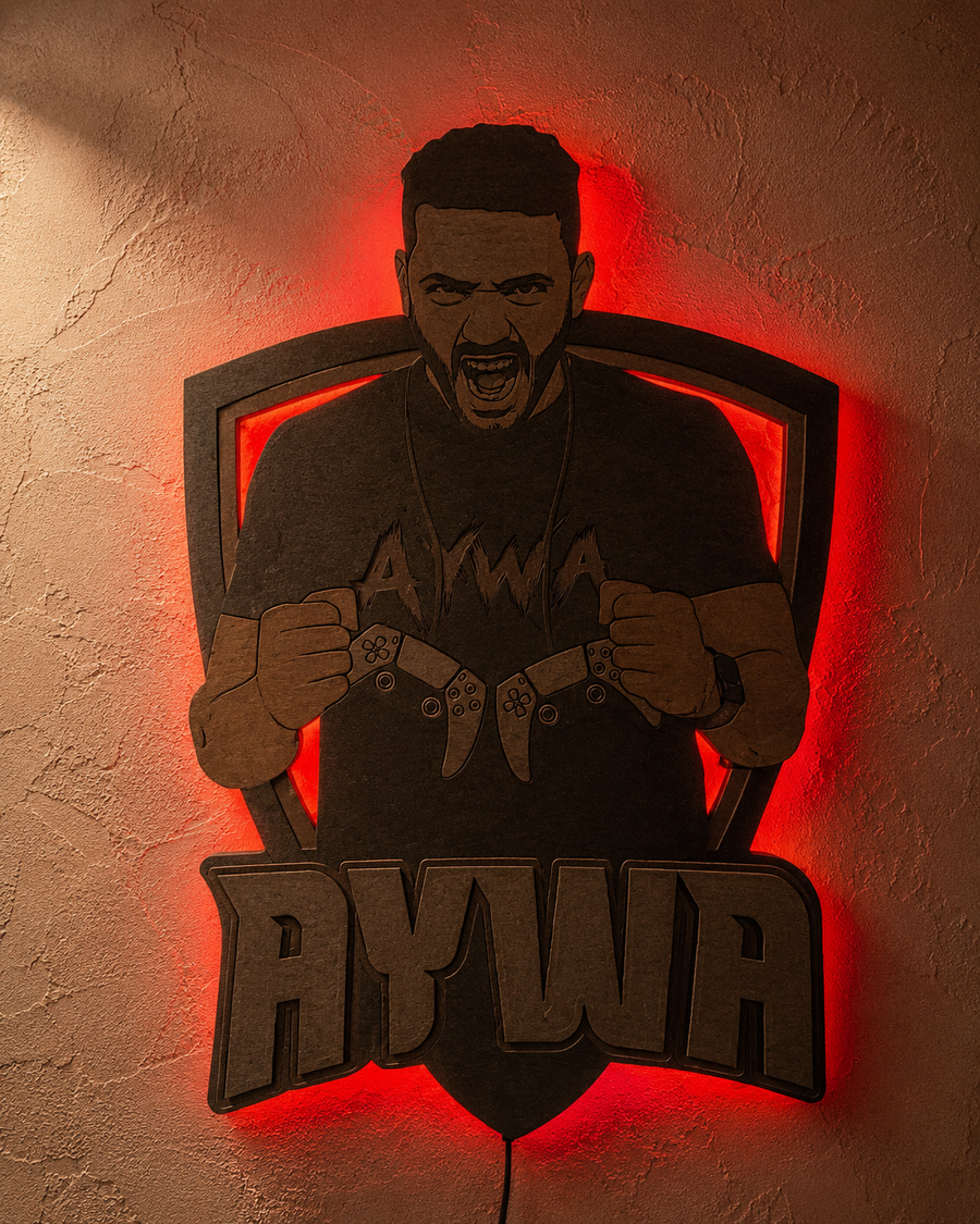 Backlit gaming piece for creator AYWA. Custom logo, custom glow, built for the setup.