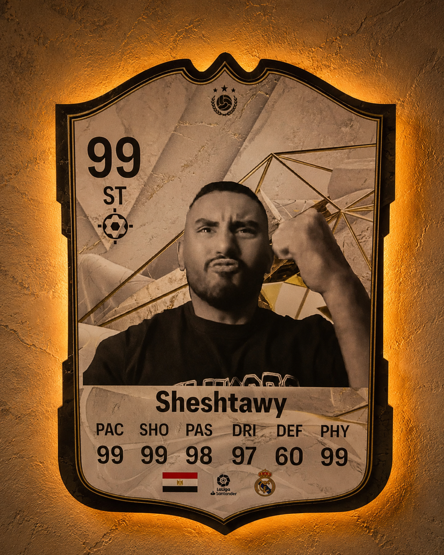 Futuristic character card with a stylized portrait on a textured wall background
