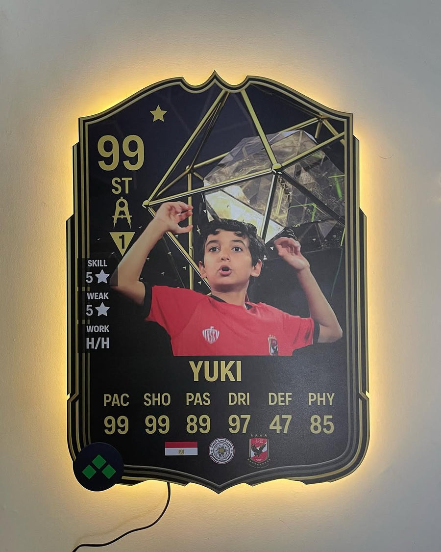 A custom FC-style player card, custom rated and made one-of-one. Cut and finished by hand. Optional LED Supercharge available.