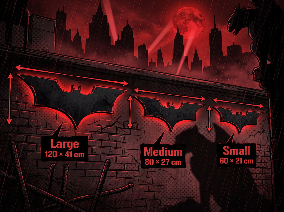 Batman wall-art silhouettes showing Small at 60 by 21 centimetres, Medium at 80 by 27 centimetres, and Large at 120 by 41 centimetres